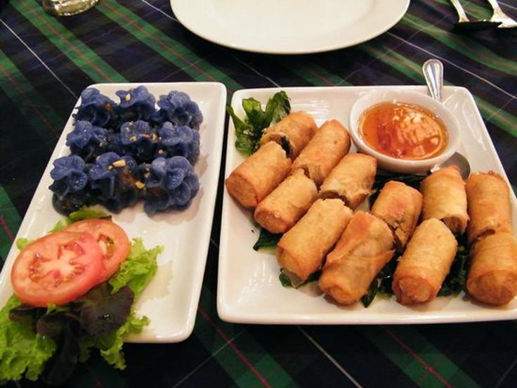 Shot of fried spring ralls and sticky rice pockets dish from Cabbages & Condoms restaurant