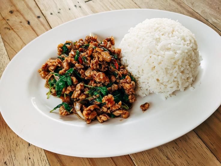 Shot of Pad Kaprao dish with chillies